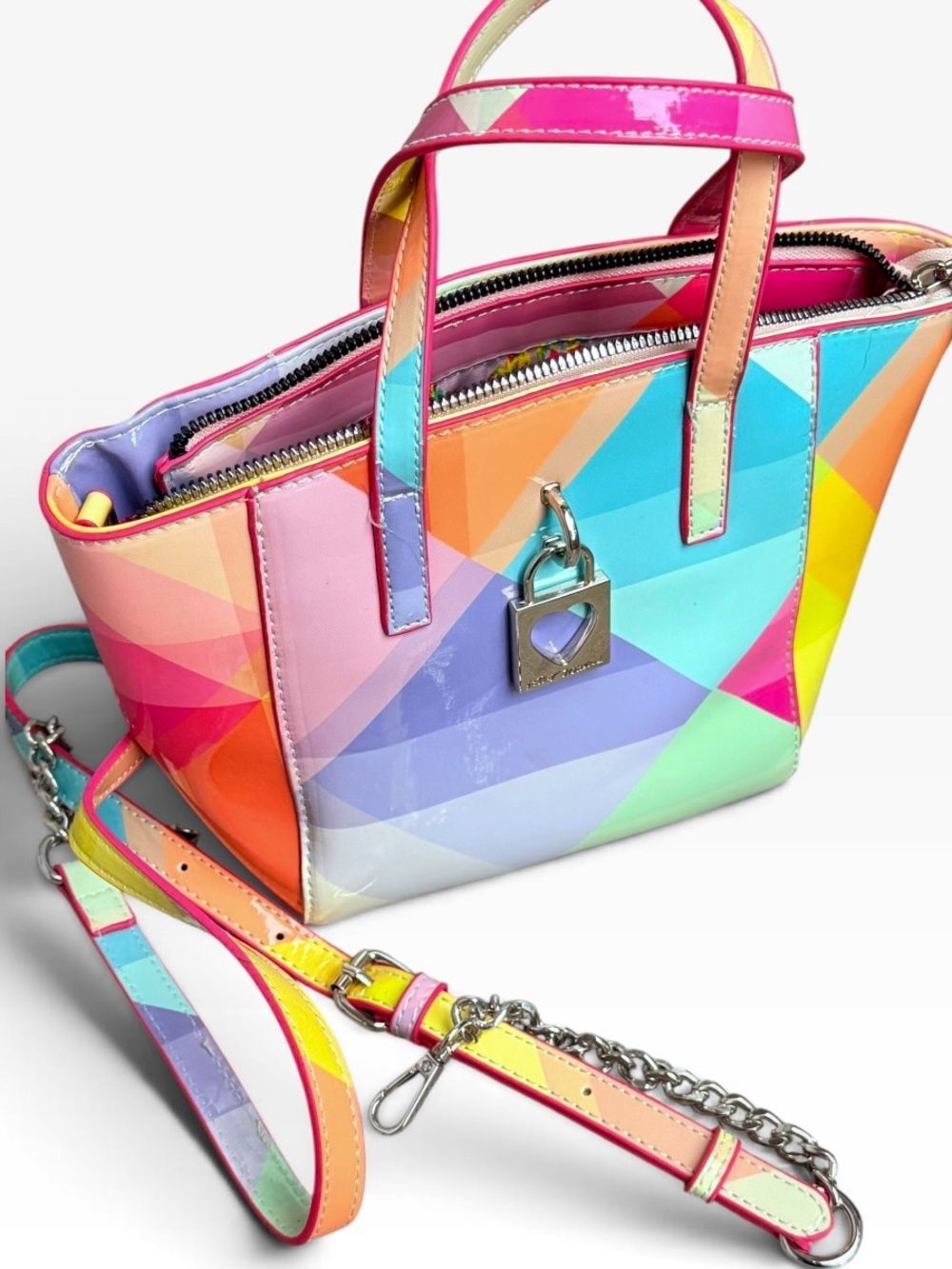 Betsey Johnson Multicolor Geometric Patent Leather Mini Crossbody Satchel Bag